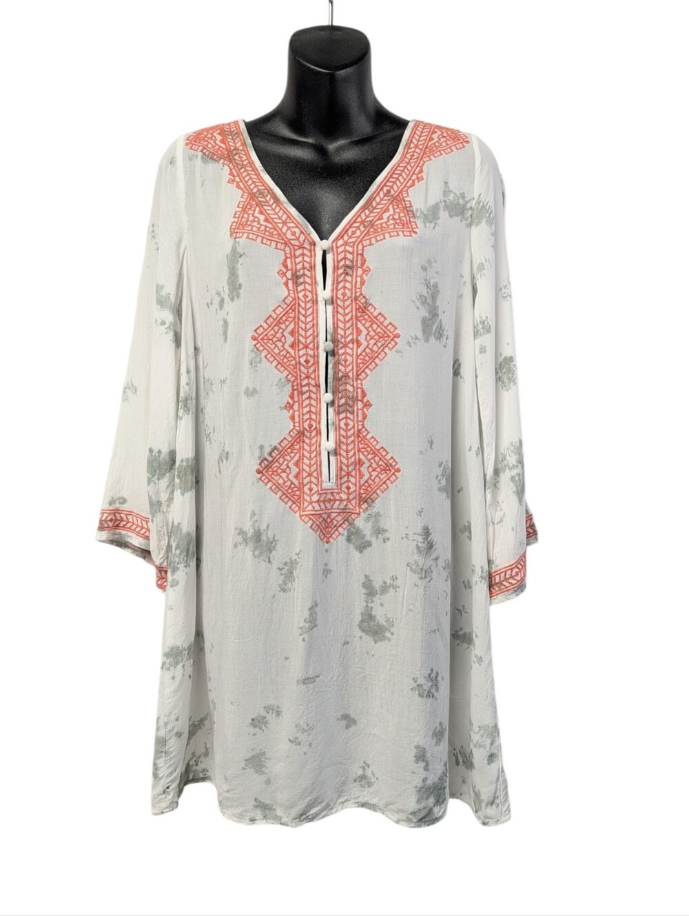 Andree Blue Women's Embroidered Boho Tunic Top Tie Dye Tassel V-neck Size M